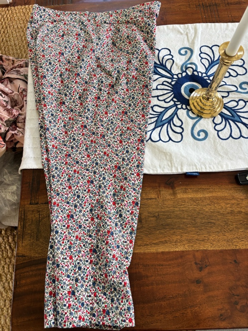 LOFT White Floral Cropped Pants with Multicolor Print